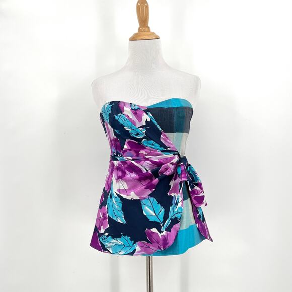 Nanette Lepore Tops - NANETTE LEPORE Floral Strapless Bustier top Womens 2 Purple Blue Silk Plaid Wrap
